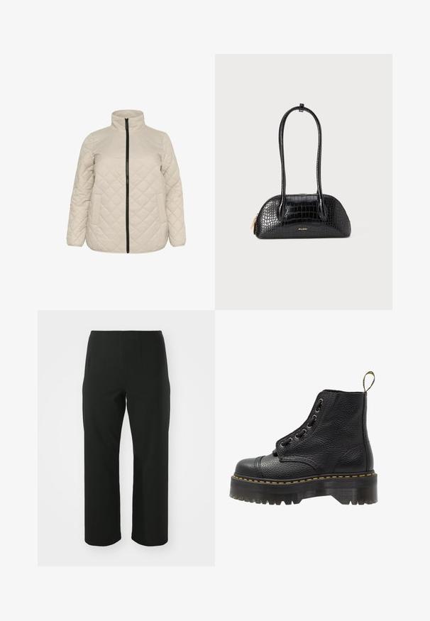 Veste beige matelassée avec un col montant, fermeture éclair à l'avant et deux poches latérales. Tissu texturé avec un motif en losanges diagonaux.; Haut noir avec de longues manches en dentelle, présentant un corps noir uni et des détails en dentelle florale. Encolure ronde au toucher doux.; Vero Moda Curve VMCAUGUSTA PANT - Pantalon classique - black; Bottines en cuir noir avec surface texturée, bout arrondi, lacets, coutures jaunes et une épaisse semelle noire crantée.; Sac à main noir avec motif crocodile, texture lisse, forme arrondie et deux poignées fines. Accent logo en or près de la base.