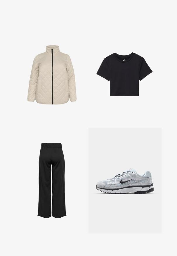 Beżowa, pikowana kurtka z wysokim kołnierzem, zamkiem błyskawicznym z przodu i dwiema bocznymi kieszeniami. Teksturowany materiał z diamentowym wzorem w układzie diagonalnym.; Czarna krótka koszulka z krótkimi rękawami, okrągłym dekoltem, wykonana z gładkiego materiału. Minimalistyczny design bez widocznych wzorów czy akcentów.; Czarne, szerokie spodnie z elastycznym pasem, wykonane z gładkiego materiału. Charakteryzują się prostym wzornictwem, bez kieszeni i widocznych szwów.; Nike P-6000 sneakers z jasnoszarym siateczkowym wierzchem, czarnymi akcentami i trwałą czarną gumową podeszwą. Charakteryzują się skomplikowanym wzornictwem i systemem sznurowania.