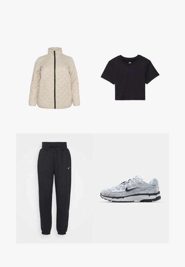 Beige, gesteppte Jacke mit hohem Kragen, Frontreißverschluss und zwei Seitentaschen. Strukturiertes Gewebe mit diagonaler Rautenmusterung.; Schwarzes, kurzes T-Shirt mit kurzen Ärmeln, rundem Ausschnitt, aus glattem Stoff. Minimalistisches Design ohne sichtbare Muster oder Akzente.; Schwarze Jogginghosen aus weichem Baumwollmix, mit elastischem Bund und Kordelzug sowie elastischen Bündchen. Nike-Logo am linken Oberschenkel.; Nike P-6000 Sneakers mit einem Obermaterial aus leichtem grauem Mesh, schwarzen Akzenten und einer langlebigen schwarzen Gummisohle. Verfügt über ein komplexes Design und ein Schnürsystem.