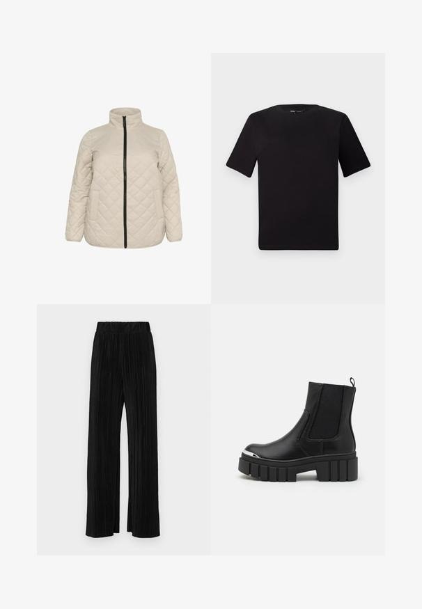 Beige, vadderad jacka med hög krage, framzip och två sidfickor. Texturerat tyg med diagonal diamantmönster.; Svart kortärmad t-shirt med rund halsringning, tillverkad i mjukt bomullstyg. Enkelt mönster, utan synliga logotyper eller mönster.; Svarta plisserade byxor med resårmidja. Har vida ben och ett mjukt, texturerat material med vertikala ränder.; Svarta anklarstövlar i slätt läder med elastiska paneler, en tjock plattformsula och en metallisk tå.