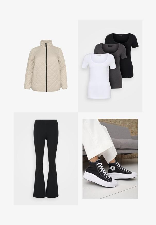 Béžová prešívaná bunda s vysokým golierom, predným zipsom a dvoma bočnými vreckami. Štruktúrovaná tkanina s diagonálnym diamantovým vzorom.; Tričko v bielej, šedej a čiernej farbe s priliehavým strihom. Každé má široký výstrih a krátke rukávy. Vyrobené z hladkej, elastickej tkaniny.; Čierne rozšírené nohavice vyrobené z elastického materiálu, s vysokým pásom a hladkou textúrou. Nohavice sa rozširujú od kolena.; Čierne plátkové tenisky s vysokým strihom a bielymi gumovými podrážkami a šnúrkami. Majú okrúhly logotyp na boku a kontrastné biele stehy.