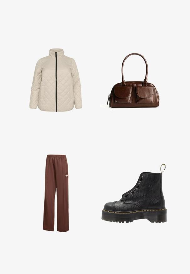 Beige, gesteppte Jacke mit hohem Kragen, Frontreißverschluss und zwei Seitentaschen. Strukturiertes Gewebe mit diagonaler Rautenmusterung.; Kaffe YOKO BOATNECK - T-Shirt basic - zinfandel; Braune Sporthosen mit entspannter Passform. Hergestellt aus glattem Stoff, mit seitlichen Taschen, weißen Streifen und einem kleinen weißen Logo auf dem Oberschenkel.; Schwarze Leder-Ankle-Boots mit strukturierten Oberflächen, runder Zehenpartie, Schnürdesign, gelben Nähten und einer dicken, gerippten schwarzen Plateausohle.; Braune Lederhandtasche mit zwei Vorderklappen, abgerundeten Griffen und einem Reißverschluss an der Seite vor einem weißen Hintergrund.