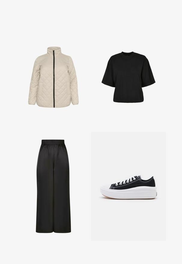 Beige, gesteppte Jacke mit hohem Kragen, Frontreißverschluss und zwei Seitentaschen. Strukturiertes Gewebe mit diagonaler Rautenmusterung.; Schwarzes, kurz geschnittenes T-Shirt aus Baumwolle. Hat kurze Ärmel und einen runden Halsausschnitt. Glatte Textur mit einem schlichten Design, ohne zusätzliche Muster.; Schwarze, weit geschnittene Hosen aus glattem, glänzendem Stoff mit elastischem Bund und ohne sichtbare Taschen oder Metallteile.; Schwarze Canvas-Sneaker mit weißen Schnürsenkeln, weißer Gummikappe und einer massiven weißen Zwischensohle. Besondere Merkmale sind dezente weiße Nähte und eine Gummisohle.