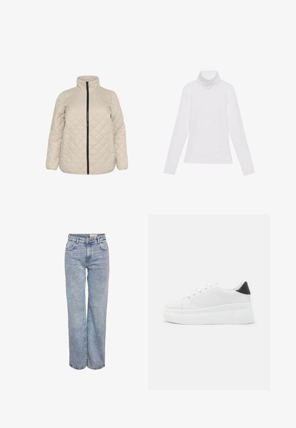 Bež jakna s kviltanim uzorkom, visokim ovratnikom, prednjim patent zatvaračem i dva bočna džepa. Tekstura tkanine s dijagonalnim dijamantskim uzorkom.; Bijela majica dugih rukava s rolificom izrađena od glatkog, rastezljivog materijala. Ima visoki ovratnik i uski kroj, bez vidljivih uzoraka ili ukrasa.; Svijetloplave široke traperice napravljene od denima, s visokim strukom, dizajnom od pet džepova i suptilnim izbljeđivanjem za izgled nošenih traperica.; Bijele platforme tenisice napravljene od glatkog sintetičkog materijala, s okruglim vrhom, dizajnom s vezanjem i teksturiranom gumenom potplatom. Crni detalj na peti.