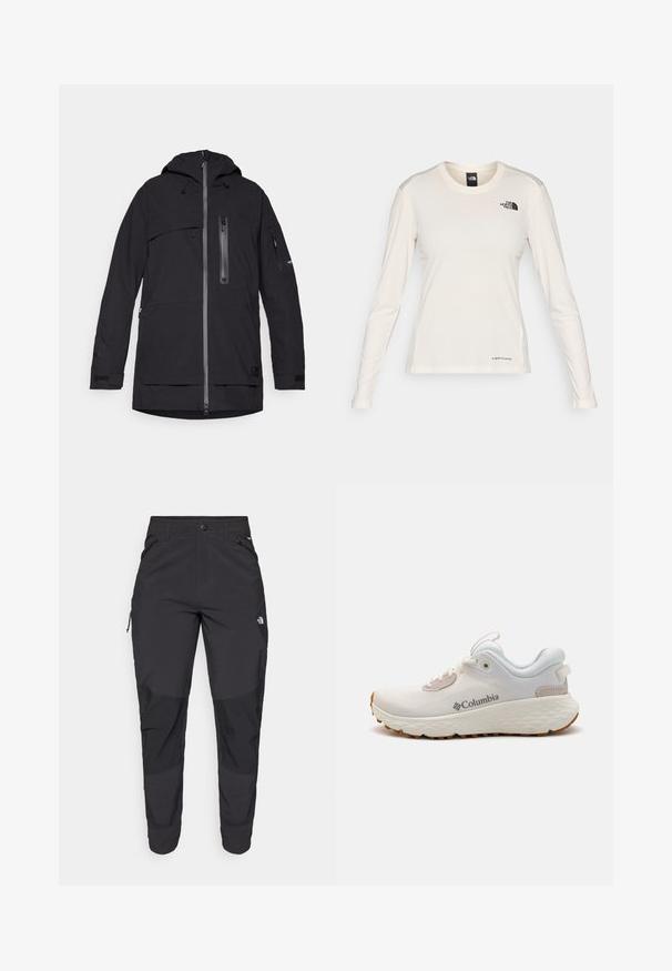 Musta vedenpitävä takki hupulla, useilla vetoketjullisilla taskuilla, säädettävillä kiristyksillä ja Velcro-manseteilla. Sileä pintarakennus ja moderni muotoilu.; The North Face SHADOW LONG SLEEVE - Pitkähihainen paita - white dune; Mustat ulkona käytettävät housut, jotka on valmistettu kestävästä kankaasta. Ominaisuuksiin kuuluvat vetoketjulliset taskut, vahvistetut polvilevyt ja suora leikkaus, joka mahdollistaa liikkuvuuden.; Kevyt Columbia urheilukenkä valkoisesta verkkokudoksesta, jossa on teksturoitu harmaa pohja ja kuminen pito. Varustettu pehmustetulla nilkkaremmillä ja nauhakiinnityksellä.