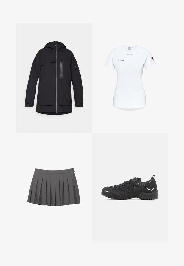Schwarze wasserdichte Jacke mit Kapuze, mehreren Reißverschluss-Taschen, verstellbaren Kordeln und Klettverschlussmanschetten. Glatte Textur und modernes Design.; Kurzärmliges weißes Sportshirt mit Rundhalsausschnitt, das ein Logo auf der Brust und eine glatte, leichte Stofftextur aufweist.; Grauer, plissierter Minirock mit einem knöpfförmigen Taillenbund und einer kleinen Logoverzierung auf der rechten Seite.; Schwarze Wanderschuhe mit einem strukturierten Obermaterial aus Stoff, Schnürsystem und robuster Gummisohle. Akzentuiert mit reflektierenden Details und Logos.