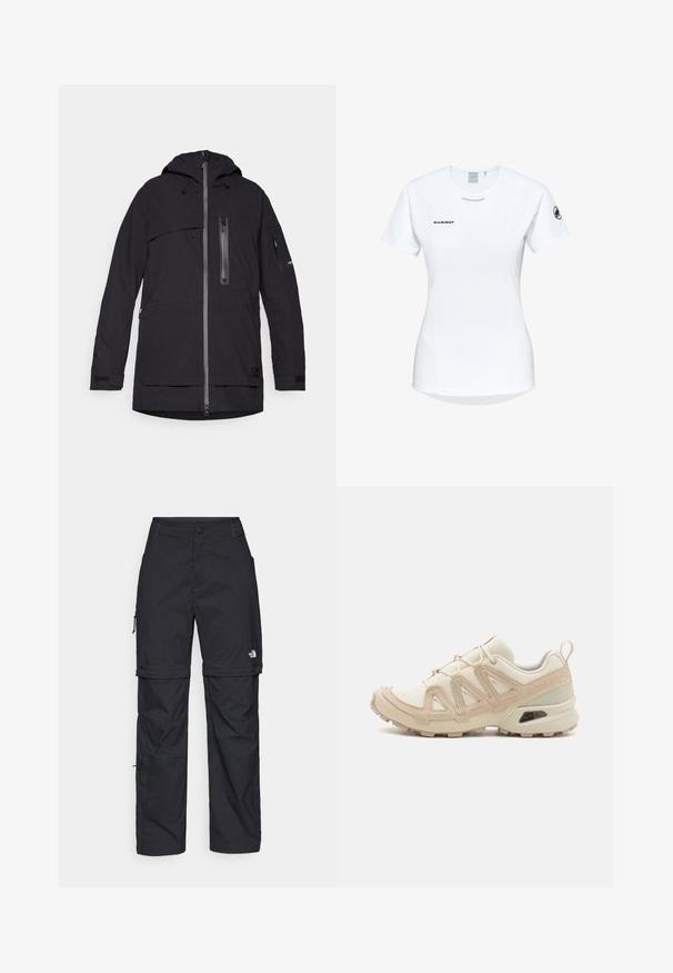 Giacca nera impermeabile con cappuccio, numerose tasche con zip, cordini regolabili e polsini in Velcro. Texture liscia e design moderno.; Maglietta atletica bianca a maniche corte con colletto rotondo, dotata di un logo sul petto e una texture di tessuto liscia e leggera.; Pantaloni cargo in nylon nero con zip rimovibile, polsini regolabili, molteplici tasche e un logo sulla gamba destra. Tessuto liscio e leggero.; Scarpa atletica beige e crema con tomaia in mesh testurizzato, sovrapposizioni supportive e suola in gomma con un motivo a tasselli per la trazione.