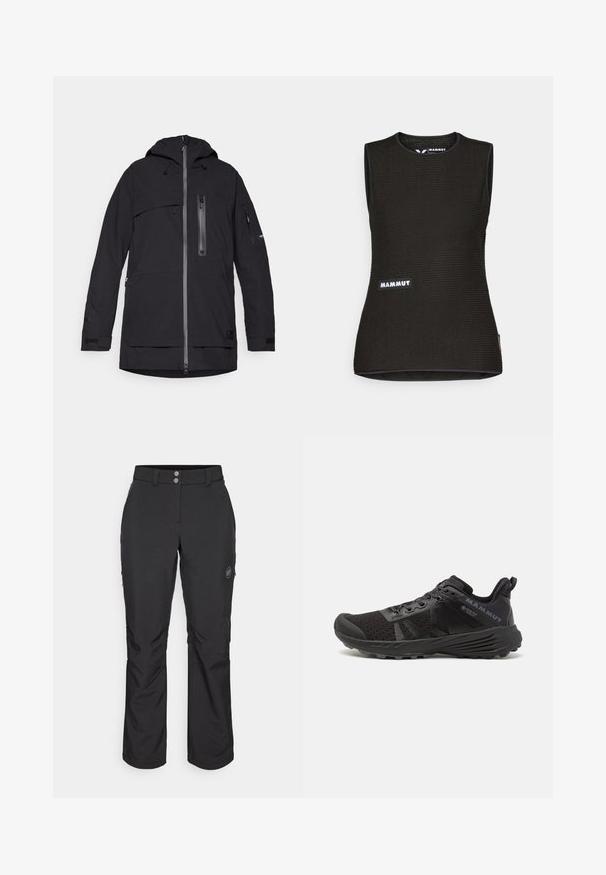 Jachetă neagră impermeabilă cu glugă, multiple buzunare cu fermoar, șnururi ajustabile și manșete cu arici. Textură netedă și design modern.; Cămașă neagră fără mâneci, cu un model texturat, având o decupare rotundă la gât și un logo "MAMMUT" pe față. Realizată dintr-un material respirabil.; Pantaloni negri de exterior cu croi drept, prevăzuți cu închidere cu un buton, buzunare laterale cu fermoar și o etichetă cu logo pe coapsa stângă.; Încălțăminte de alergare neagră cu un superior din plasă texturată, toc întărit și talpă din cauciuc. Include un sistem de șireturi și detalii cu logo pe lateral.