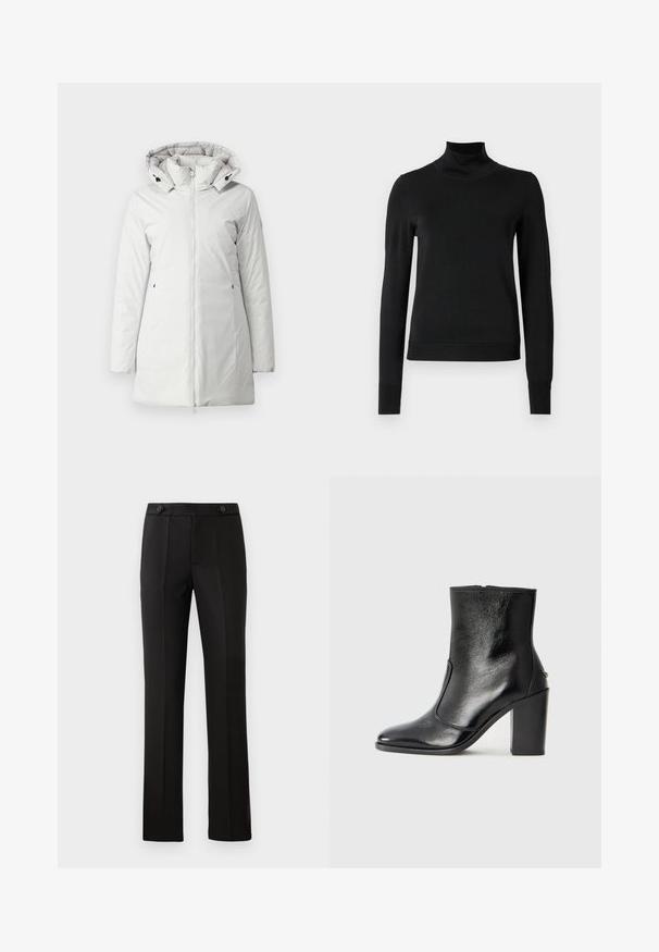 Weißer isolierter Parkajacke mit Reißverschluss, Stehkragen und abnehmbarer Kapuze. Verfügt über Seitentaschen und glattes, wasserabweisendes Material.; Schwarzer Langarmrollkragenpullover mit gerippten Bündchen und Saum, auf einem schlichten weißen Hintergrund präsentiert.; Schwarze maßgeschneiderte Hose mit geradem Bein, zwei vorderen Taschen, einem Knopfverschluss und unteren Falten vorne. Glatte Stofftextur.; Schwarze Leder-Stiefelette mit glatter Textur, spitzem Fuß und klobigem hohen Absatz. Verfügt über eine seitliche Öffnung und ein minimalistisches Design.