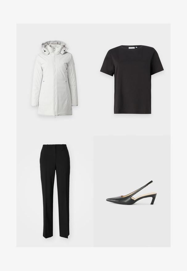 Parka bianca isolata con zip frontale, collo a imbuto e cappuccio staccabile. Presenta tasche laterali e un tessuto liscio e resistente all'acqua.; Maglietta nera in cotone a maniche corte, con scollatura a girocollo e un design semplice e pulito. Nessun motivo o decorazione visibile.; Pantaloni neri su misura con un design a gamba dritta, caratterizzati da una texture liscia e pieghe ben definite sul davanti. Senza hardware visibile.; Scarpa slingback nera con punta affilata e tacco basso, realizzata in pelle liscia e con un design a taglio laterale per favorire la traspirabilità.