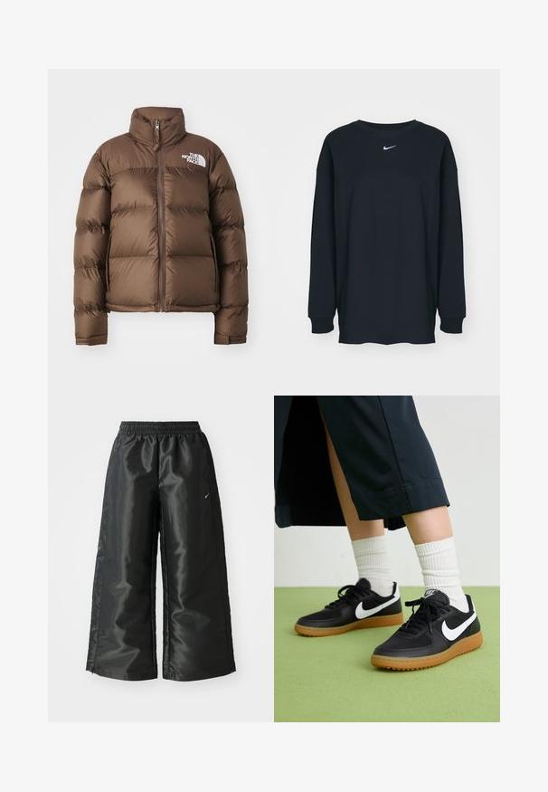 The North Face RETRO NUPTSE JACKET - Dunjakke - smokey brown; Svart langermet T-skjorte laget av bomull med rund hals. Har en hvit Nike-logo på brystet. Myk tekstur, enkelt design.; Svarte treningsbukser med en blank, glatt stoff, som har et elastisk liv, vide ben og en liten logo på venstre side.; Sorte lær- og syntetiske joggesko med hvit Nike swoosh, gummisåle, rund tå og sorte lisser. Ribbet hvite sokker synlige.