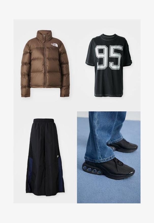 The North Face RETRO NUPTSE JACKET - Down jacket - smokey brown; Black cotton t-shirt with short sleeves, featuring white printed number "95" on the front and contrasting stitching along the edges.; Black wide-leg pants made of lightweight fabric, featuring a navy blue side panel and an elastic waistband. Small white logo on bottom.; Black athletic sneakers with mesh upper, textured accents, and visible air cushioning pods in the sole. Worn with blue denim jeans.