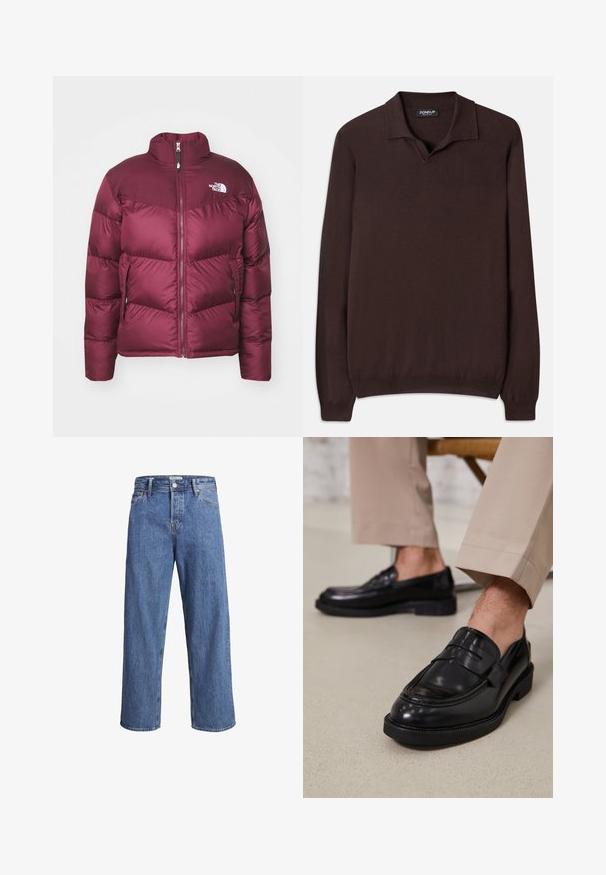 Bordo puffer-jakk, millel on kõrge krae, eesnevet ja kaks külgtaskut; särav paneelide õmblused ja logo vasakul ülanurgas.; Dondup REGULAR FIT SHIRT - Džemper - cioccolato; Heledad sinine teksapüksid sirge säärega, kõrge taljega ja minimaalse õmblustehnikaga. Kangas on pehme ja kergelt pleekinud tekstuuriga.; Mustad nahast mokassiinid sileda viimistlusega, dekoratiivse rihma ja kontrastõmblustega, koos beežide pükstega.