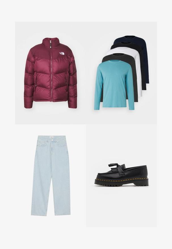 Casaco puffer bordô com gola alta, fecho frontal e dois bolsos laterais; apresenta painéis cosidos e um logótipo no lado superior esquerdo.; Cinco T-shirts de manga longa em fila: turquesa, preto, branco, cinza escuro e azul-marinho. Tecido suave com design de gola redonda e ajuste padrão.; Calças jeans de perna larga em azul-claro, feitas de denim, com uma cintura média, cinco bolsos e um fecho de botão com um pequeno detalhe metálico.; Mocassim de couro preto com um detalhe de franjas, apresentando uma sola preta robusta e costura amarela ao longo da borda. Acabamento texturizado.