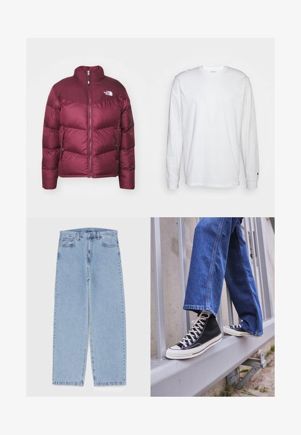 Mørkerød pufferjakke med høj krave, frontlynlås og to sidelommer; har sammenstikninger og et logo på den øverste venstre side.; Hvid langærmet T-shirt lavet af bomuld. Rund halsudskæring med ribbede manchetter og et lille logo på venstre ærme. Glat tekstur.; Lyseblå denimjeans med straight leg-design, der har en mid-rise talje, fem lommer og en lukning med knap og lynlås.; Sorte høj-top sneakers med hvid sål og snørebånd, parret med løse blå denimjeans, hvilende på et gråt gelænder.