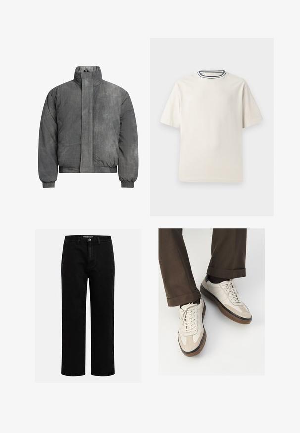 Kurtka puchowa w teksturowanym szarym materiale z wysokim kołnierzem, zapięciem na zamek z przodu i elastycznymi mankietami. Charakteryzuje się minimalistycznym designem i brakiem widocznych logo.; Kremowa bawełniana koszulka z krótkim rękawem, z okrągłym dekoltem ozdobionym granatowymi i białymi paskami. Gładka tekstura, luźny krój.; Czarne dżinsy o prostym kroju nogawki, klasyczny pięć kieszeniowy design oraz zapięcie na guzik w talii. Gładka tekstura i trwały materiał.; Beżowe sneakersy z teksturowanym zamszowym przodem, gładkimi skórzanymi bokami i brązową gumową podeszwą. Zawierają sznurówki oraz subtelne detale w dwóch kolorach.
