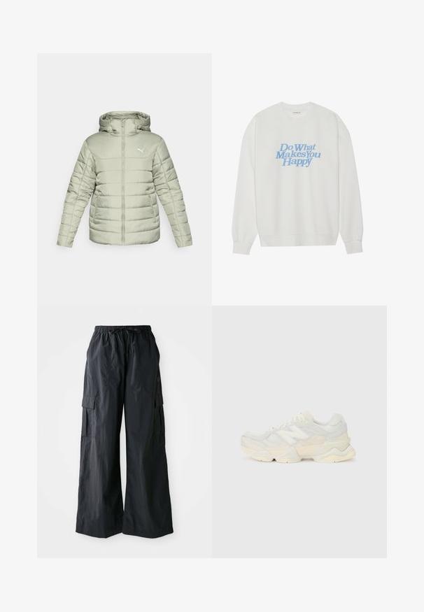 Jachetă căptușită de culoare verde deschis, cu glugă, fermoar frontal și logo alb. Prezintă cusături orizontale și două buzunare laterale. Textură netedă.; Hanorac alb cu decolteu rotund, cu un design grafic albastru care spune "Fă ceea ce te face fericit." Material moale, cu manșete și tiv cu dungi.; Pantaloni cargo negri, dintr-un material ușor, cu design cu picioare largi, talie elastică și mai multe buzunare laterale. Simple și funcționale.; Adidaș ușor, cu un superior din plasă și piele întoarsă în nuanțe de crem moale, cu o talpă groasă și accente tridimensionale.