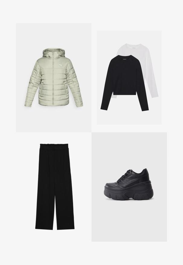 Svetlozelená vypchávková bunda s kapucňou, predným zipsom a bielym logom. Obsahuje horizontálne švy a dve bočné vrecká. Hladká textúra.; Dvoje tričiek s dlhým rukávom: jedno čierne a jedno biele. Obe majú okrúhly výstrih, raglánové rukávy a mäkkú zmes bavlny.; Čierne široké nohavice s volánovým pásom, obsahujúce dve bočné vrecká a hladký, ľahký materiál. Žiadne viditeľné vzory ani kovové príslušenstvo.; Čierne šnurovacie tenisky s hrubou podrážkou, s hladkým koženým zvrškom, okrúhlou špičkou a charakteristickým vrstveným dizajnom platformy.
