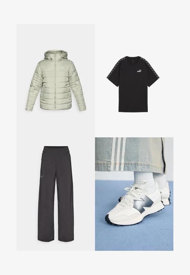 Šviesiai žalia pūkinė striukė su kapišonu, priekiniais užtrauktukais ir baltu logotipu. Yra horizontalūs siūlai ir dvi šoninės kišenės. Sklandžios tekstūros.; Juodas trumpomis rankovėmis medvilnės marškinėliai. Su balta Puma logotipu ant krūtinės ir raštuotais akcentais ant pečių. Standartinė figura ir apvalus iškirpimas.; Juodos sportinės kelnės su plačia juosta, šoninėmis kišenėmis ir plokščiomis siūlėmis. Kairėje kojoje pritvirtintas mažas logotipas. Pagamintos iš lygaus, tamprios medžiagos.; Baltos sportiniai bateliai su sidabriniu akcentu, tekstūruota medžiaga ir lygiu oda; turi juodą guminį padas ir raištelius.