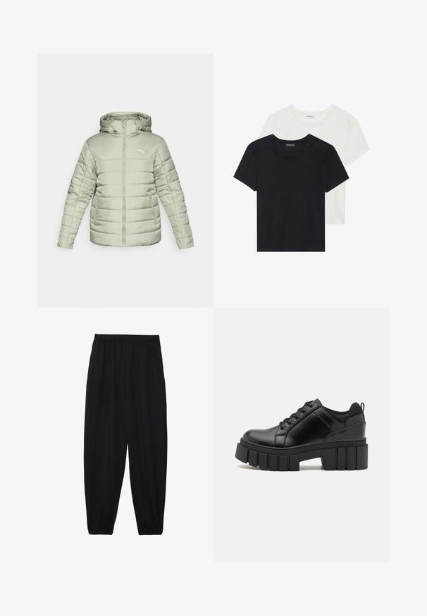 Jasnozielona kurtka z podszewką i kapturem, z przodu na zamek błyskawiczny i białym logo. Posiada poziome przeszycia i dwie boczne kieszenie. Gładka faktura.; Dwie koszulki z krótkim rękawem w kolorze czarnym i białym. Wykonane z miękkiej bawełny, z okrągłym dekoltem i standardowym krojem, z minimalnymi detalami przeszycia.; Czarne, lekkie spodnie z elastycznym pasem i ściągaczami na kostkach. Materiał jest gładki i ma luźny, zwężany krój.; Czarne skórzane buty na platformie z masywnym słupkowym obcasem, okrągłym noskiem i klasycznym sznurowaniem. Posiadają gładką teksturę i minimalne wykończenia.