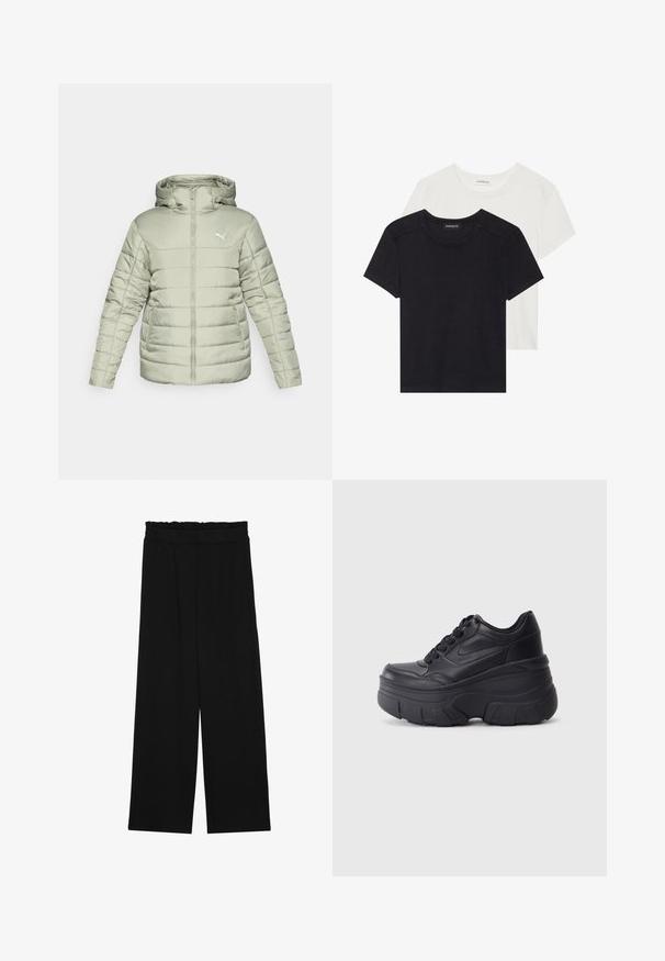 Svetlo zelena podložena jakna s kapuco, sprednjim zadrgo in belim logotipom. Ima vodoravno šivanje in dva stranska žepa. Gladka tekstura.; Dve kratke majice s kratkimi rokavi v črni in beli barvi. Narejene so iz mehke bombažne tkanine, s krožnim izrezom in klasičnim krojem z minimalnimi detajli šivanja.; Črne široke hlače s nabranim pasom, ki imajo dva stranska žepa in so izdelane iz gladkega, lahkega blaga. Brez vidnih vzorcev ali kovinskega okova.; Črne vezalke čevlji s debelim podplatom, z gladkim usnjem na vrhu, okroglo konico in izrazitim plastastim oblikovanjem podplata.