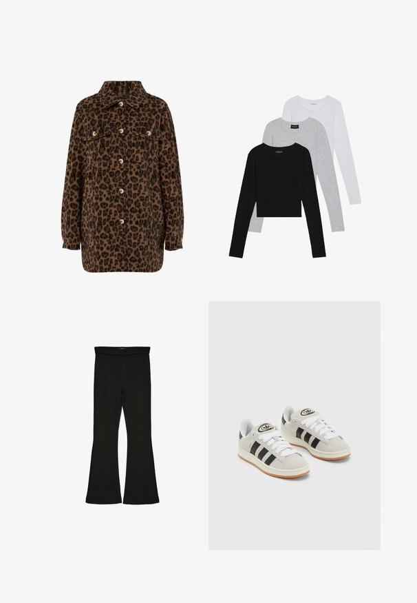 Giacca camicia con stampa leopardata in marrone e nero, con colletto, chiusura a bottoni, due tasche sul petto e maniche lunghe. Texture morbida.; Tre magliette a maniche lunghe impilate: nera, grigia e bianca. Ognuna ha un colletto rotondo e un design accorciato con tessuto morbido e leggero.; Leggings a zampa nera realizzati in un tessuto elasticizzato. Presentano una vita alta e una superficie liscia, con una silhouette aderente che si ampia all'orlo.; Sneakers in suede grigio con lacci bianchi, strisce nere e suola in gomma bianca. Presentano un logo circolare sulla linguetta e una suola in gomma.