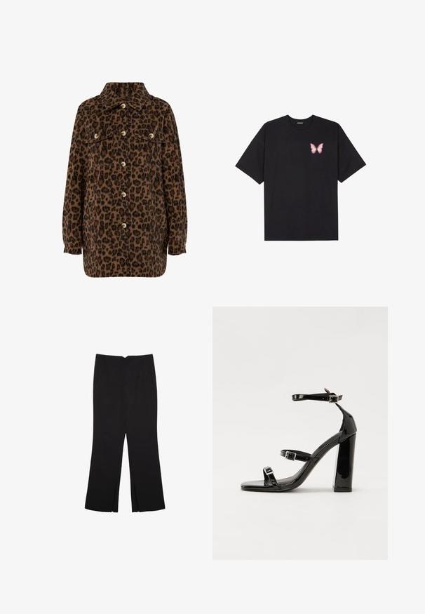 Jakna košulja s uzorkom leoparda u smeđoj i crnoj boji, s ovratnikom, zakopčavanjem na dugmad, dva džepa na prsima i dugim rukavima. Mekana tekstura.; Crna pamučna majica s kratkim rukavima, s malim grafičkim prikazom ružičaste vjetricaste s desne strane na prsima. Dizajn s okruglim izrezom i opuštenim krojem.; Crne hlače ravnog kroja, s prednjim džepovima i bočnim prorezima na rubu. Izrađene od mekog i glatkog materijala. Pogodne za razne prigode.; Crne lakirane sandale na visoku petu s dva remena s kopčama, kvadratnim vrhom i masivnom blok petom, s glatkom, sjajnom teksturom.
