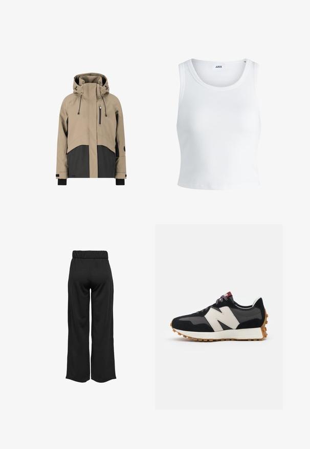 Giacca isolante marrone e nera con colletto alto, cappuccio regolabile, tasca sul petto con zip e polsini elastici per una vestibilità sicura.; Canottiera bianca a coste con scollatura rotonda, senza maniche e lunghezza cropped. Etichetta con la scritta "JJXX". Tessuto di texture liscia.; Pantaloni neri a gamba larga con cintura elastica, realizzati in tessuto liscio. Presentano un design pulito senza tasche o dettagli di cucitura visibili.; Sneaker in suede nero e grigio con un grande logo "N" color crema, lacci viola e una suola esterna in gomma gommosa texturizzata.