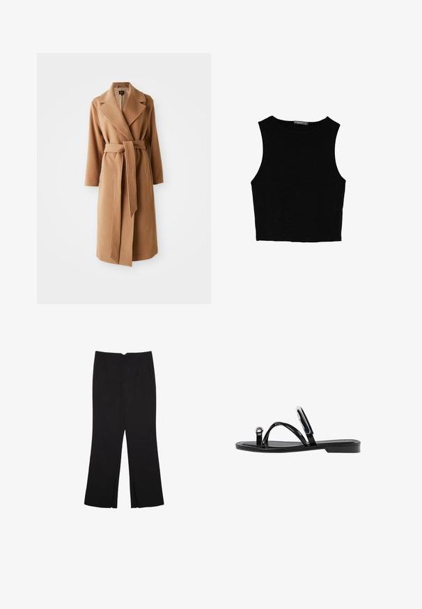 Cappotto lungo in lana marrone cammello con ampi revers e cintura in tessuto coordinato legata in vita, tasche laterali e maniche lunghe.; Top corto senza maniche nero realizzato in tessuto liscio, con scollatura rotonda e un design pulito e semplice, privo di pattern o accessori.; Pantaloni neri a gamba dritta, con tasche frontali e spacchi laterali all'orlo. Realizzati in tessuto morbido e liscio. Adatti a diverse occasioni.; Infradito neri con una finitura lucida, tre sottili cinturini e un dettaglio hardware circolare sulla punta. Design elegante con un tacco minimale.