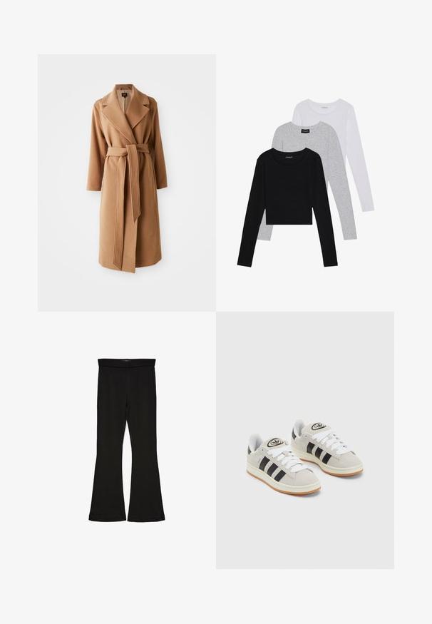 Long camel brown wool coat with wide lapels and matching fabric belt tied at waist, side pockets, and full-length sleeves.; Three long-sleeve tops stacked: black, grey, and white. Each has a round neckline and a cropped design with smooth, lightweight fabric.; Black flare leggings made from stretchy fabric. Features a wide waistband and a smooth texture, with a fitted silhouette that flares at the hem.; Gray suede sneakers with white laces, black stripes, and a white rubber sole. Features a circular logo on the tongue and a gum sole.