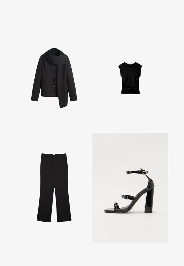Czarny płaszcz z wełny z wysokim kołnierzem, z guzikami z przodu i kieszeniami po bokach. Posiada długi, zwiewny szalik przymocowany do dekoltu.; Czarny top z krótkim rękawem o dopasowanym kroju, z marszczonymi detalami po bokach oraz gładkim, elastycznym materiałem dla komfortu.; Czarne spodnie o prostym kroju, z przednimi kieszeniami i bocznymi rozcięciami na dole. Wykonane z miękkiego, gładkiego materiału. Odpowiednie na różne okazje.; Czarne lakierowane sandały na obcasie z kwadratowym noskiem, z paskami wokół kostki i srebrnymi klamrami. Posiadają masywny słupek dla stabilności.