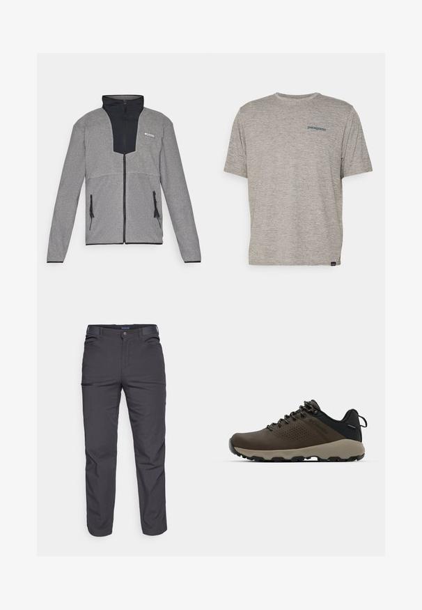 Hall grey jakk, millel on must krae ja lukuga esitasku. Omab kontrastseid tumedaid ja heledaid halli osakesi, lukud taskutel ning pehmet tekstuuri.; Hall tootega hall T-särk lühikeste varrukatega, pehmest tekstuuriga kangast, millel on vasakul rinnal väike sinine Patagonia logo. Täiendavaid mustreid pole.; Tumed hallid püksid, mis on valmistatud vastupidavast kangast, varustatud lukuga tasku, sirge lõikega ja vööaasadega, et sobivust kohandada.; Kohandatud veekindlad pruunid spordijalatsid tekstuuriga pealisega, perforatsioonidega detailid, must kandetoetav osa ja hall kummine sisetald. Paelad on metallist otstega.