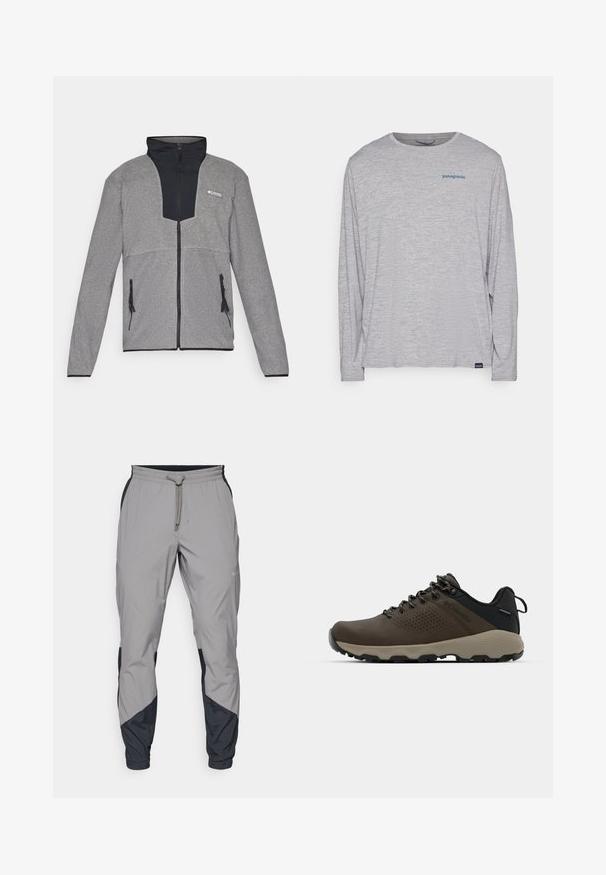 Pilkas švarkas su juodu apykakle ir užtrauktuku priekyje. Turinti kontrastingas tamsias ir šviesias pilkas dalis, užtrauktukus kišenėse ir minkštą tekstūrą.; Šviesiai pilka ilgomis rankovėmis marškinėliai, pagaminti iš minkštos, tekstūruotos medžiagos. Yra apvalus kaklas ir mažas mėlynas "Patagonia" logotipas krūtinėje.; Lengvas, pilkos sportinės kelnės su juodais akcentais. Elastingas juosmuo, raišteliu užsegimas, siaurėjantis kojų dizainas ir šoninės kišenės.; Rudi nepralaidūs sportbačiai su tekstūruota viršutine dalimi, perforuotomis detalėmis, juodu kulno palaikymu ir pilku guminio padu. Šniūreliai yra dekoruoti metaliniais galais.