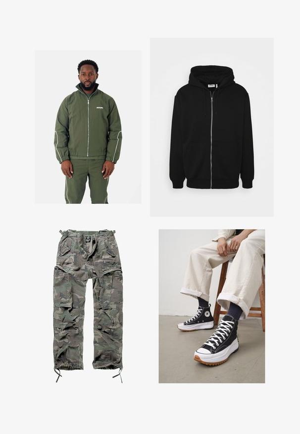 Oliven grøn jakke med høj krave og hvide detaljer, med lynlås foran, elastiske manchetter og et logo på brystet. Matchet med matchende bukser.; Sort zip-up hoodie med en snor i hætten, forlommer, ribbede ærmer og en glat stoftekstur. Central brandingmærke synligt indvendigt.; Hvid bomulds t-shirt med korte ærmer, rund halsudskæring, afslappet pasform, og ingen synlige logoer eller mønstre. Glat tekstur og minimalistisk design.; Camo cargo bukser i grøn og grå, med flere lommer, elastisk talje, justerbare ankelmanchetter og en afslappet pasform.; Høje sorte sneakers med hvide snørebånd og gummitå. Tykk hvid sål med en tekstureret brun ydersål, båret med marineblå stribede sokker.