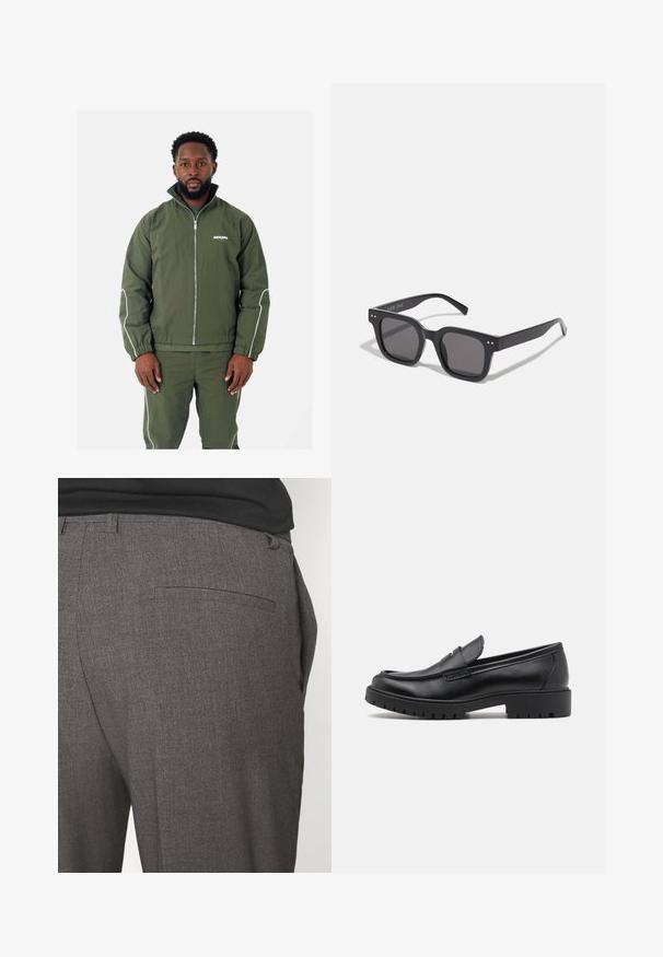Olivgrüne Jacke mit hohem Kragen und weißen Akzenten, mit einem Reißverschluss vorne, elastischen Bündchen und einem Logo auf der Brust. Kombiniert mit passenden Hosen.; Cremfarbener Pullover mit Kragen, Vier-Knopf-Verschluss, weiten gerippten Bündchen und Saum. Sanfte Textur, lockere Passform und minimalistisches Design.; Graue maßgeschneiderte Hose mit glatter Textur, ausgestattet mit einer einzigen hinteren Tasche und einem schlanken Schnitt. Der Stoff hat ein dezentes Muster.; Schwarze Lederloafers mit runder Zehenform, eleganter Schlupfdesign und dicker Gummisohle mit strukturiertem Griff. Erhöhter Absatz und dezente Nähdetails.; Schwarze rechteckige Sonnenbrillen mit dunklen Gläsern, die einen dicken Rahmen, subtile Akzente an den Seiten und keine sichtbaren Logos außer dem Markennamen aufweisen.; Baumwolltragetasche in Creme mit einem großen, türkisfarbenen Logo, das geschwungene Linien zeigt. Die Tasche hat stabile Stoffgriffe zum Tragen.