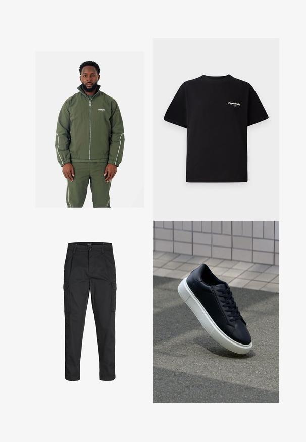 Olivgrüne Jacke mit hohem Kragen und weißen Akzenten, mit einem Reißverschluss vorne, elastischen Bündchen und einem Logo auf der Brust. Kombiniert mit passenden Hosen.; Schwarzes Baumwoll-T-Shirt mit Rundhalsausschnitt, kurzen Ärmeln und kleinem weißen Logotext auf der linken Brust. Schlichtes Design, klassischer Schnitt.; Schwarze Cargo-Hose aus robustem Material, mit mehreren Taschen, einem Knopfverschluss und einem Slim-Fit-Design mit schmal zulaufenden Beinen.; Schwarze Leder-Sneaker mit runder Zehenpartie und weißer Gummisohle. Verfügt über flache Schnürsenkel und minimale Nähte im Obermaterial. Strukturiertes Sohlenprofil für besseren Halt.