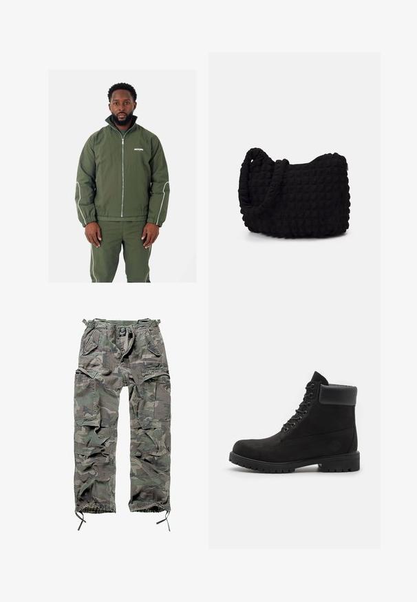 Giacca verde oliva con colletto alto e dettagli bianchi, dotata di zip frontale, polsini elasticizzati e logo sul petto. Abbinata a pantaloni coordinati.; T-shirt nera a maniche corte, design a collo rotondo, realizzata in morbido cotone, con una texture liscia e senza pattern o dettagli visibili.; Pantaloni cargo mimetici in verde e grigio, con numerose tasche, vita elasticizzata, polsini regolabili e una vestibilità rilassata.; Stivale alla caviglia nero con lacci, colletto imbottito e suola robusta, mostrato in profilo su uno sfondo bianco.; Borsa in tessuto nero con un motivo trapuntato e texture. Forma arrotondata, manici corti e spessi, e una struttura morbida e flessibile.