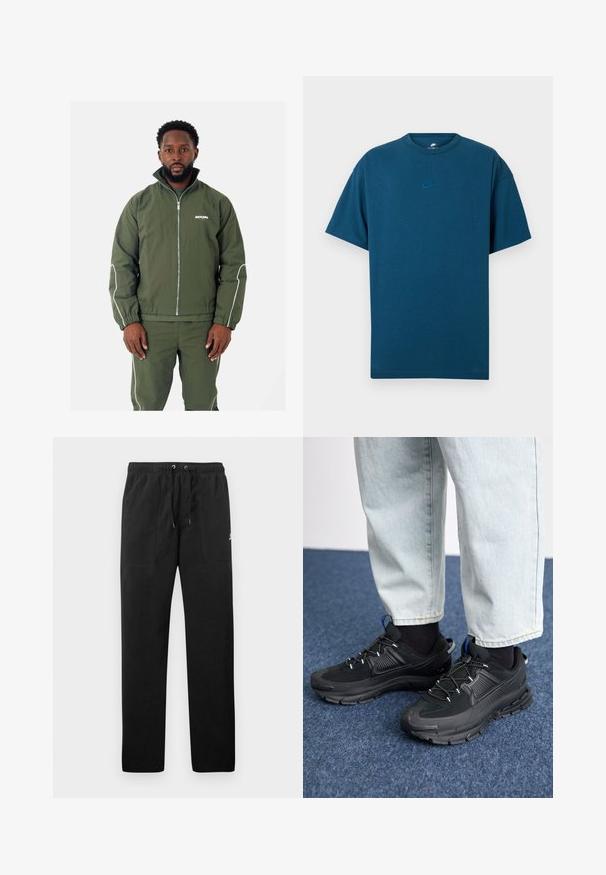 Oliven grøn jakke med høj krave og hvide detaljer, med lynlås foran, elastiske manchetter og et logo på brystet. Matchet med matchende bukser.; Blå bomulds T-shirt med korte ærmer, rund halsudskæring og et lille, lyseblåt Nike-logo på brystet. Blød tekstur, afslappet pasform.; Sorte sweatpants lavet af fleece, med en elastisk talje med snore, to frontlommer og et lille logo på låret.; Sorte træningssko med tekstureret stof og gummisåler, udstyret med elastiske snørebånd og en blå detalje på hælen. Bæres med lyse denimbukser.