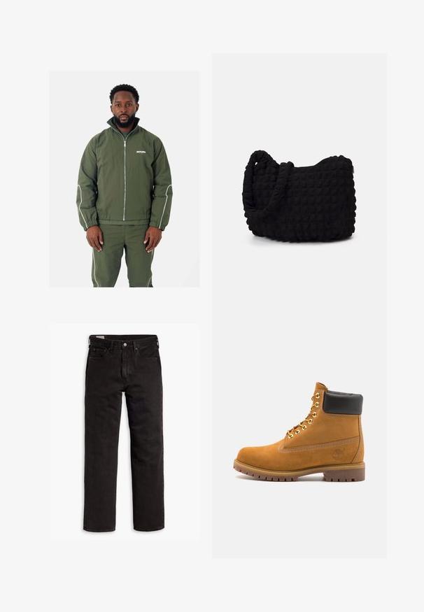 Olivgrüne Jacke mit hohem Kragen und weißen Akzenten, mit einem Reißverschluss vorne, elastischen Bündchen und einem Logo auf der Brust. Kombiniert mit passenden Hosen.; Sechs weiße Baumwoll-T-Shirts mit kurzen Ärmeln und Rundhalsausschnitten, die in einer Reihe angeordnet sind. Sie haben eine glatte Textur und keine sichtbaren Muster.; Schwarze gerade Jeans aus Denim mit fünf Taschen, Knopfverschluss und Gürtelschlaufen, flach auf einem weißen Hintergrund ausgelegt.; Beige Wildleder-Ankle-Boot mit schwarzem gepolstertem Kragen, goldenen Metallösen, weißen Nähdetalben und einer robusten Gummisohle mit ausgeprägtem Profil.; Schwarze Stofftasche mit einer strukturierten, gesteppten Oberfläche. Abgerundete Form, kurze, dicke Griffe und eine weiche, flexible Struktur.
