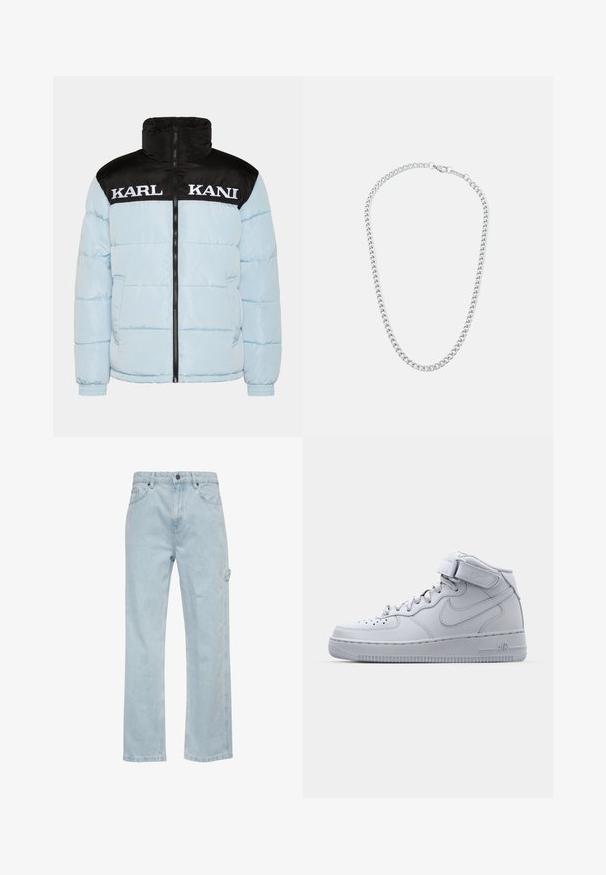 Hele sinine puffer-jakk musta lukuga krae ja varrukatega. Ees on suur valge "KARL KANI" tekst. Textureeritud disain.; Mustmust värvi T-särk lühikeste varrukatega, ümar kaelus ning esiküljel valge allkirja logo. Sile tekstuur ja mugav lõige.; Heledad sinine denim teksad sirge säärega disainiga, sisaldavad esimesi ja tagumisi taskuid ning küljetaskut. Sile tekstuur, igapäevane stiil.; Halluxi hallid hallid Nike Air Force 1 tossud, nahast pealisega, pehmendatud krae ja Velcro rihm. Ikooniline disain sisaldab perforatsiooniga varbakohta.; Hõbedane metallist kettkaelakee, millel on omavahel seotud lingid ja kindel tõmblukk, sile tekstuur, ühtlane viimistlus ja klassikaline disain.