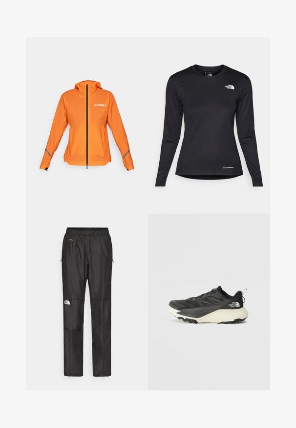 Bright orange Terrex jacket, featuring a zippered front, adjustable hood, and reflective accents on the sleeves. Smooth, lightweight material.; The North Face SHADOW LONG SLEEVE - Long sleeved top - black; Black waterproof pants made from lightweight fabric, featuring an elastic waistband, side pockets, and a logo on the left leg.; Black athletic shoe with a textured upper, featuring gray accents and a white midsole. Includes a pull tab and prominent brand logo on the heel.