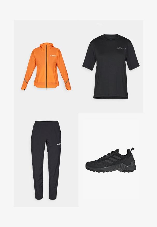 Giacca Terrex arancione brillante, con zip frontale, cappuccio regolabile e dettagli riflettenti sulle maniche. Materiale morbido e leggero.; T-shirt nero a maniche corte realizzato in tessuto leggero. Presenta un colletto a girocollo e un piccolo logo bianco "TERREX" sul petto.; Pantaloni sportivi neri realizzati in un materiale leggero e elasticizzato, con una cintura elastica e tasche laterali con zip. Caratterizzati da un logo bianco sulla coscia.; Scarpa da atletica nera con tomaia in mesh, design a tre strisce, tallone sagomato e suola robusta con tasselli di trazione prominenti.