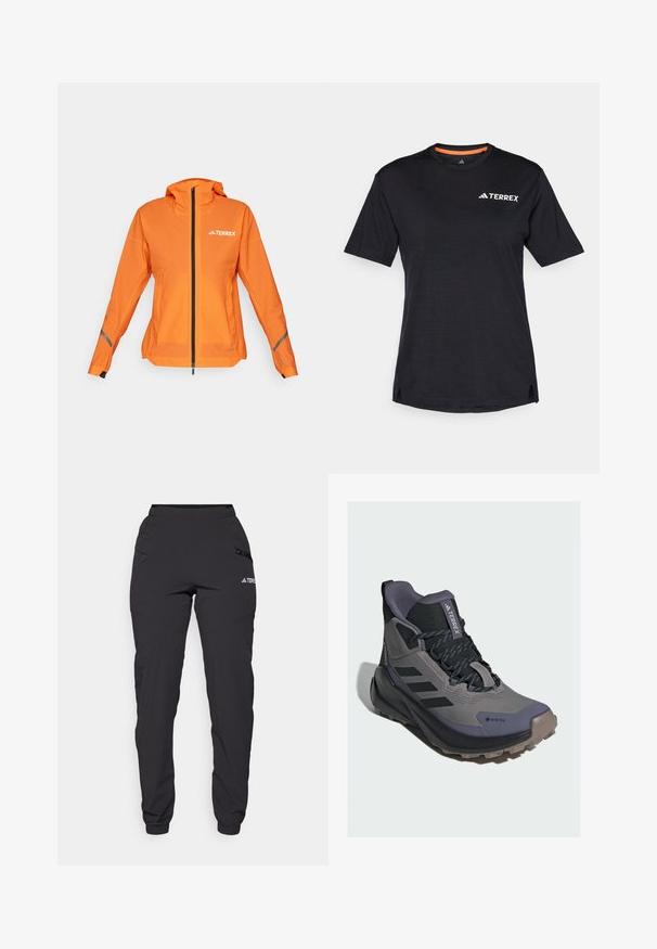 Chaqueta Terrex de un brillante color naranja, con cierre frontal de cremallera, capucha ajustable y acentos reflectantes en las mangas. Material suave y ligero.; Camiseta negra de manga corta con cuello redondo, que presenta una sutil textura jaspeada y el logo blanco "TERREX" en la parte superior izquierda.; Pantalones impermeables negros con cintura elástica, bolsillos laterales con cremallera, piernas ajustadas y puños ribeteados en los tobillos. Presentan acentos del logotipo.; Zapato de senderismo en gris y negro, de corte medio, con material Gore-Tex, parte superior texturizada, puntera reforzada y suela robusta con patrones de agarre.