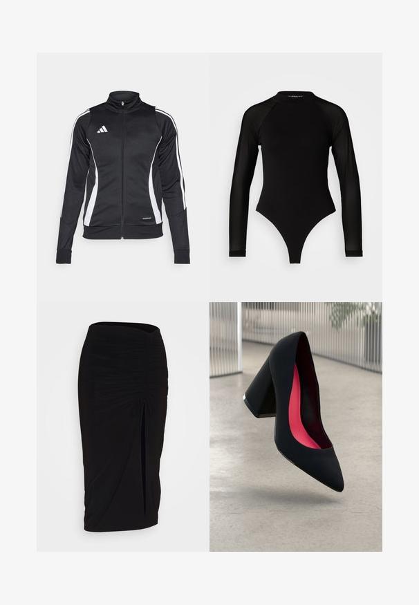 Crna atletska jakna s visokim ovratnikom, bijelim bočnim prugama, zatvaranjem na patentni zatvarač i "AEROREADY" oznakom na donjem rubu. Glatka površina tkanine.; Crni bodi s dugim rukavima i visokim ovratnikom, s čvrstom tkaninom na trupu i prozirnim mrežastim rukavima, dizajniran u uskom kroju.; Crna, nabrana suknja olovka s detaljem vezanja i bočnim prorezom. Izrađena od rastezljivog materijala, s glatkom teksturom i prilagođenim dizajnom.; Crna visoka potpetica s oštrim vrhom, teksturiranom površinom i živopisnom ružičastom unutrašnjošću. Ima masivnu potpeticu s srebrnim detaljem.