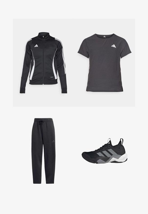 Černá sportovní bunda s vysokým límcem, bílými bočními pruhy, zapínáním na zip a brandingem "AEROREADY" na dolním lemu. Hladký povrch materiálu.; Kraťasový sportovní tričko, tmavě šedé barvy s perforovanou texturou. Obsahuje bílé logo a kontrastní boční pruhy. Kulatý výstřih.; Černé tepláky vyrobené z měkké látky, s elastickým pasem na šňůrku, rovnými nohavicemi a diskrétním logem na stehně.; Černá sportovní bota s prodyšným síťovaným svrškem, šedými akcenty, texturovanou podrážkou a třemi charakteristickými pruhy na boku.