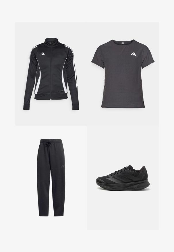 Zwarte sportjack met hoge kraag, witte zijkanten, ritsluiting en "AEROREADY" branding op de onderste zoom. Gladde stofstructuur.; Korte mouwen sport t-shirt, donkergrijs met geperforeerde textuur. Bevat een wit logo en contrasterende zijstrepen. Ronde halslijn.; Zwarte sweatpants van zacht materiaal, met een elastische tailleband en een trekkoord, rechte pijpen en een subtiel logo op de bovenbeen.; Zwarte hardloopschoen met een ademende mesh bovenkant, ronde neus, slank ontwerp, textuuraccenten en een gevoerde zool voor comfort.