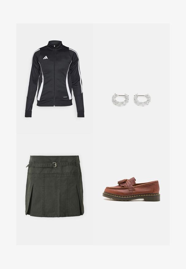Fekete sportkabát magas gallérral, fehér oldalsávokkal, cipzáras záródással és "AEROREADY" márkázással az alsó szegélyen. Simább anyagú textúra.; Szürke, ujjatlan crop top, puha anyagból készült, kerek nyakkivágással és egy kis fehér Adidas logóval a mellrészen.; Sötétzöld, pamut mini szoknya, formázott derékkal, övvel és elülső pliszékkel. Varrott részletekkel és klasszikus szabással rendelkezik.; Barna bőr mokaszin, rojtos díszítéssel, texturált felülettel és kontrasztos sárga varrással a fekete gumitalpon. Oldalnézet.; Ezüst karika fülbevalók, átlátszó, téglalap és háromszög alakú kristályokkal, mintás elrendezésben. Biztonságos rögzítést biztosító fülbevaló pálcikák.