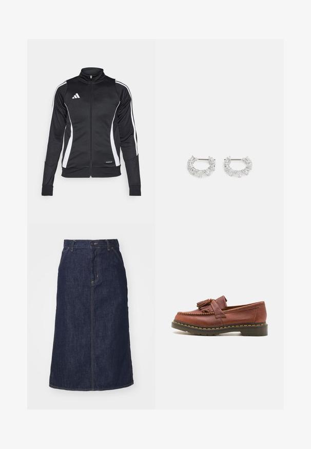 Chaqueta deportiva negra con cuello alto, rayas laterales blancas, cierre de cremallera y la marca "AEROREADY" en el dobladillo inferior. Textura de tela suave.; Camiseta de algodón blanca con cuello redondo, mangas cortas y un corte relajado. Presenta un logo sutil en el área del pecho izquierdo. Textura suave.; Falda de mezclilla oscura con cintura alta, corte recto, bolsillos delanteros y costuras cosidas. Presenta un cierre de cremallera y botón en la cintura.; Mocasines de cuero marrón con acentos de borlas, superficie texturizada y costura amarilla en contraste a lo largo de la suela de goma negra. Vista lateral.; Pendientes de aro de plata con cristales claros, rectangulares y triangulares dispuestos en un diseño en patrones. Con tachuelas para un cierre seguro.