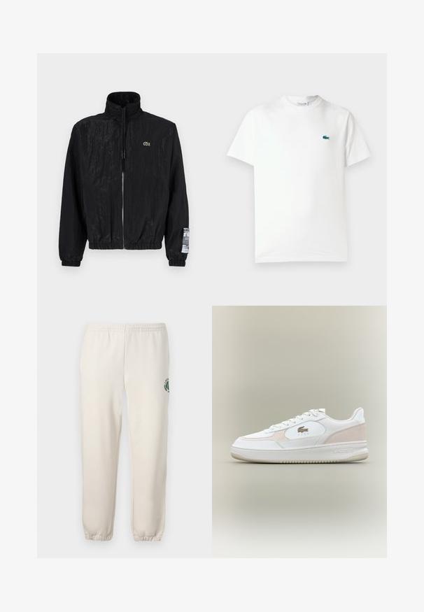 Casaco leve preto feito de tecido texturizado, apresentando um colarinho alto, fecho em zíper à frente e punhos elásticos com um patch de logotipo na manga.; T-shirt de algodão branca com gola redonda, mangas curtas e um pequeno logótipo de crocodilo verde bordado no lado esquerdo do peito.; Sweatpants beige claros feitos de algodão, com um cós elástico, punhos canelados e um logótipo verde com desenho de folha na perna esquerda.; Tênis brancos com upper de couro liso, detalhes em camurça e sola de borracha. Apresenta logotipo em relevo e design com cadarço. Estética minimalista.