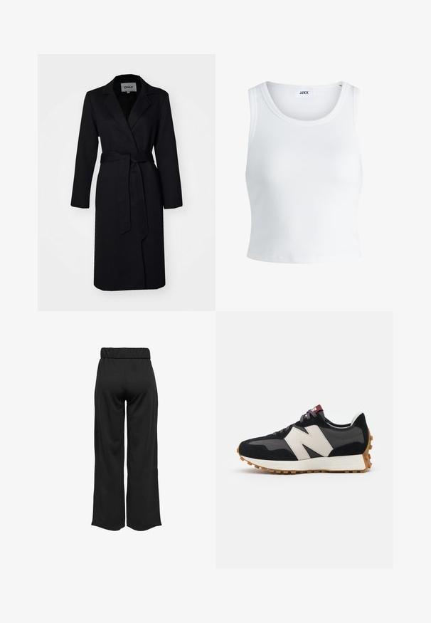 Sort lang frakke med en bæltekant i taljen, klapkraver og lange ærmer, lavet af glat stof, med en enkelt knaplukning og uden mønstre.; Hvid ribbet tanktop med rund halsudskæring, ærmeløs design og cropped længde. Etiketten står der "JJXX." Glat stoftekstur.; Sorte, vide bukser med elastisk talje, lavet af glat stof. Har et enkelt design uden lommer eller synlige sømdetaljer.; Sort og grå ruskinds sneakers med et stort cremefarvet "N" logo, lilla snørebånd og en struktureret gummisål.